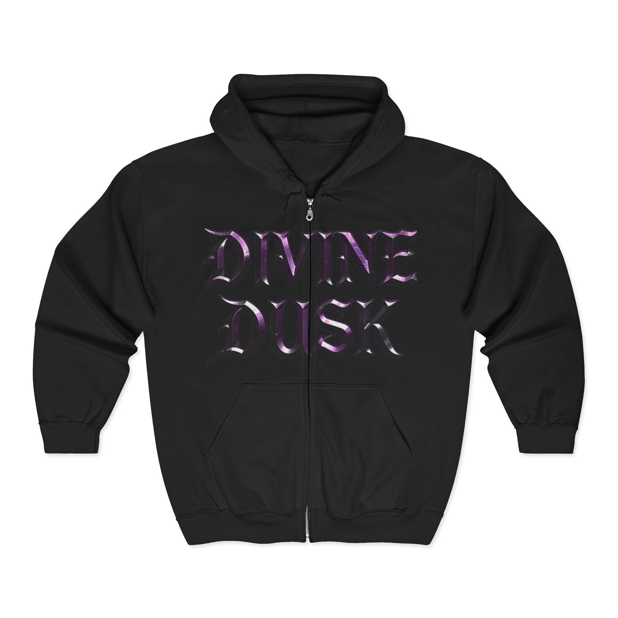 Divine Dusk Zip Hoodie — Gothic Metallic Lettering Full-Zip Sweatshirt