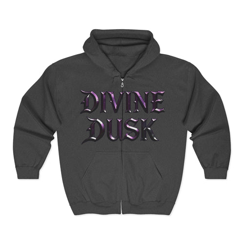 Divine Dusk Zip Hoodie — Gothic Metallic Lettering Full-Zip Sweatshirt