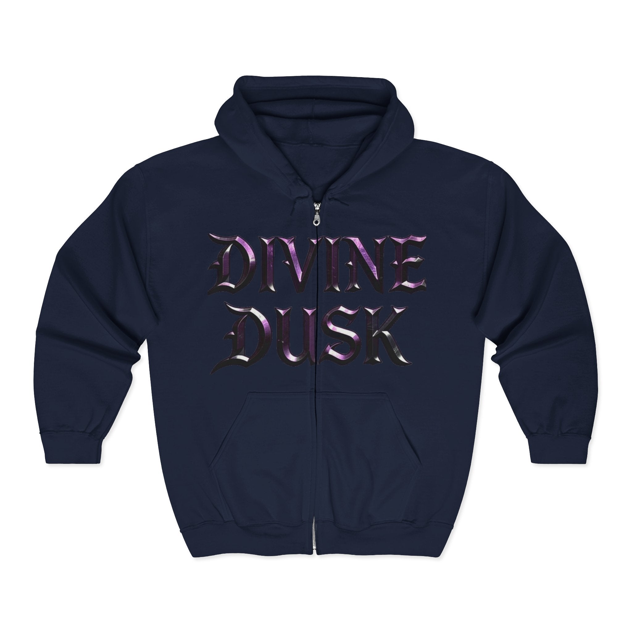 Divine Dusk Zip Hoodie — Gothic Metallic Lettering Full-Zip Sweatshirt